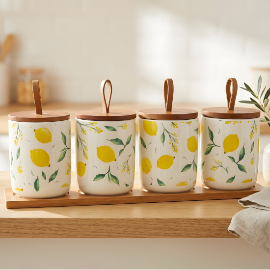 Lemon Pattern Porcelain Jar Set - 4 Pcs